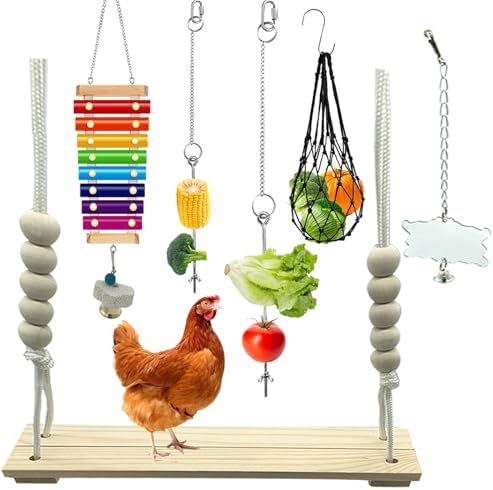 6 Packs Chicken Toys for Coop Accessries, Chicken Swing Toys for Chicken Hens, Chicken Xylophone Toys and Mirror, Vegetable Hanging Feeder, Veggies Skewer