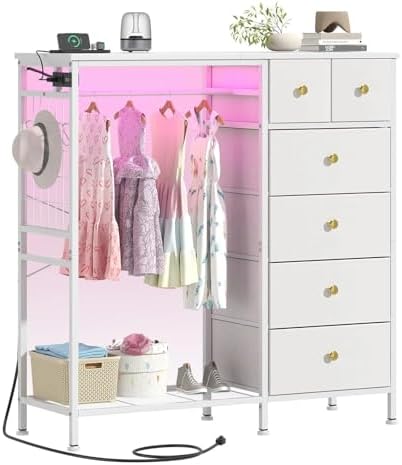 47.2" White Dresser with Hanging Rack, 2 in 1 Bedroom 6 Drawers Dresser with LED Lights & Charging Station, Wooden Dressers with Fabric Drawers and Clothing Rack for Girls, Kids