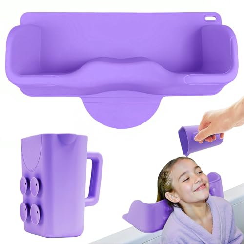 Portable Hair Washing Station for Kids, Toddlers, Children, Teens, Silicone Hair Washing Basin for Sink or Bathtub, Tear-Free Shampoo Bowl with Rinser Cup, Neck Support for Kids, Purple