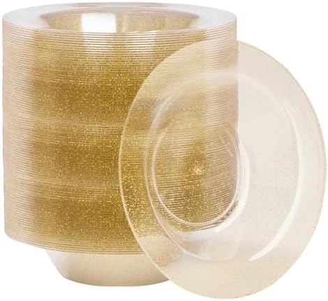 Goodluck 100 Pack Gold Glitter Plastic Bowls, 12oz Disposable Soup Bowls, Heavy Duty Dessert Bowls for Weddings, Parties, Dinners, Catering, Christmas and Everyday Use