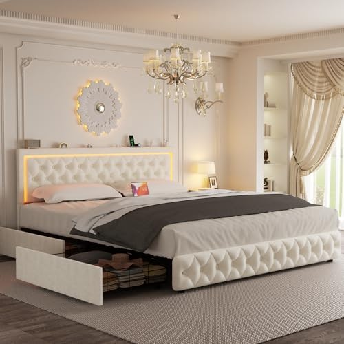 Queen Bed Frame with 4 Storage Drawers, Velvet Upholstered Bed Frame Queen Size with Charging Station and LED Lights, 46" Adjustable Button Tufted Headboard, No Box Spring Needed, Beige