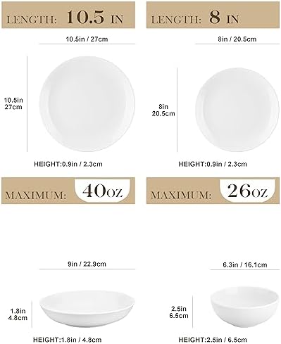 MALACASA 24-Piece Gourmet Porcelain Dinnerware Sets, Modern White Round Dish Set for 6 - Premium Serving Plates and Bowls Sets for Dessert, Salad, Soup, Pasta - Series AMELIA