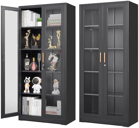 Glass Display Cabinet with Lock, Metal Curio Cabinet with Tempered Glass Doors & Adjustable Shelves, Heavy-Duty China Cabinets for Living Room, School, Commercial, Black, Assembly Required