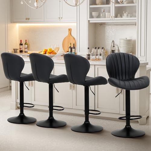 Bar Stools Set of 4, Adjustable Faux Leather Counter Height Barstools with Footrest, Swivel Bar Chairs 24-32inch for Bar, Kitchen Island, Dining Room,Black