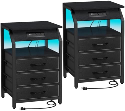 End Tables Set of 2, Nightstands with Charging Station and LED Lights, 3 Drawers Fabric Dressers, Storage Side Tables for Bedside, Living Room, Modern Black
