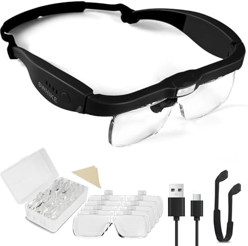 Magnifying Glass with Light Hands Free, Rechargeable Magnifying Glasses Headset with 5 Detachable Lenses Magnifier for Close Work, Reading, Jewelry Making Crafts (Black)