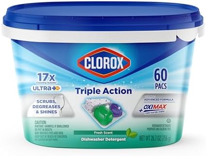 Clorox Triple Action + Ultra Dishwasher Detergent Pacs, 60 Count Dishwashing Pacs, Fresh Scent