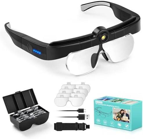 Magnifying Glass with Lights, Headband Hands Free Magnifying Glasses for Close Work, Flip-up Magnifier with 3 Color Temperature, 1.5X to 5.0X Lenses for Jewelry Crafts Soldering Repair