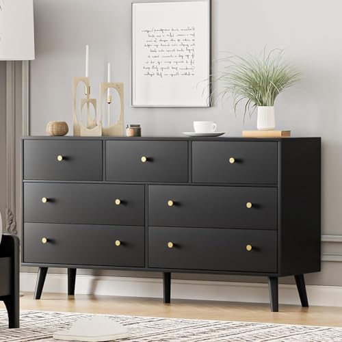 7 Drawers Dresser for Bedroom, 55'' Dressers & Chests of Drawers with Gold Handles and 7 Large Drawer, Modern Double Wooden Storage Organizer Cabinet, Hallway, Black