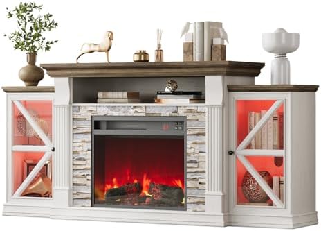 QUW Electric Fireplace TV Stand, 70" Farmhouse Entertainment Center with Open Shelf and Glass Barn Door Cabniet, Modern TV Console Table with 7 Flame Colors for Living Room, Antique White