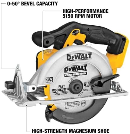DEWALT 20V MAX Circular Saw, 6-1/2-Inch Blade, 460 MWO Engine, 0-50 Degree Bevel Capability, Bare Tool Only (DCS391B)