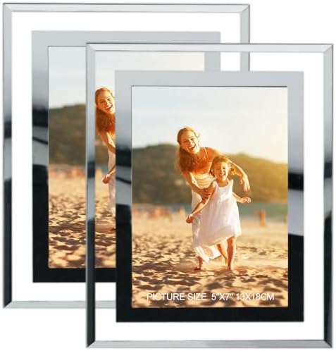 5x7 Picture Frames Silver - Set of 2, HD Real Glass 5 by 7 Photo Frame Mirrored Edge for Tabletop Display, Wedding Birthday Christmas Day Gifts (5 x 7, Silver)