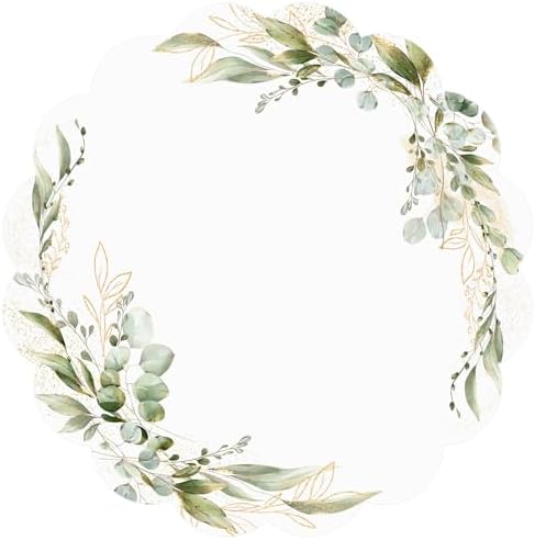 50 Pcs Green Eucalyptus Leaves Wedding Paper Mats, 13.5 inch Scalloped Disposable Placemats Summer Round Placemats for Table Paper Decoration for Birthday Wedding Banquet Party