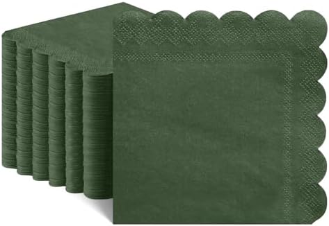 120 Pcs Cocktail Napkins Olive Green Napkins Disposable Scalloped Dessert Beverage Napkin Dark Green Dinner Napkin for Wedding, Bridal Baby Shower, Christmas, 5 x 5 Inch