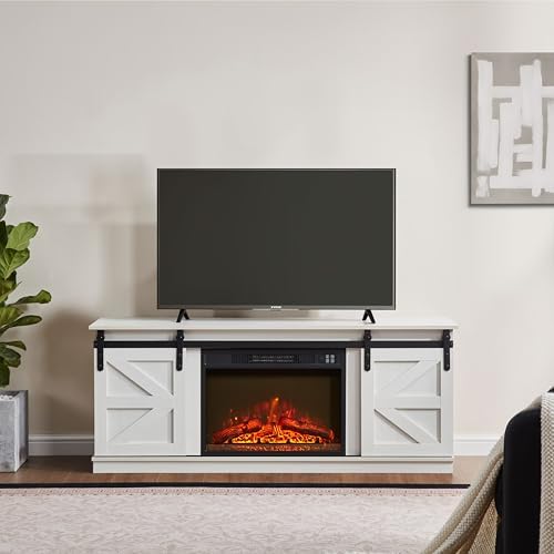 Softa 58" Fireplace TV Stand, Entertainment Center Console Table for TVs Up to 65" w/Heater, Adjustable Shelves, Farmhouse Sliding Barn Doors, 78lbs Top Load, P2 Low Formaldehyde (White)
