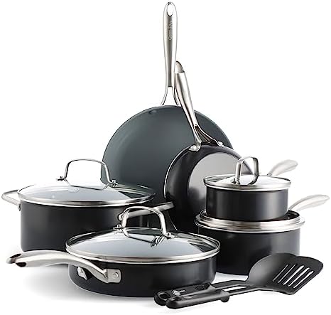 GreenPan 12 Piece Nonstick Swift Cookware Set, Ceramic PFAS-Free Pots & Pans with Lids, Dishwasher & Oven/Broiler Safe to 600F, Kitchen Cooking Set, Sauce, Saute, Stock, Frying Pans, Gray