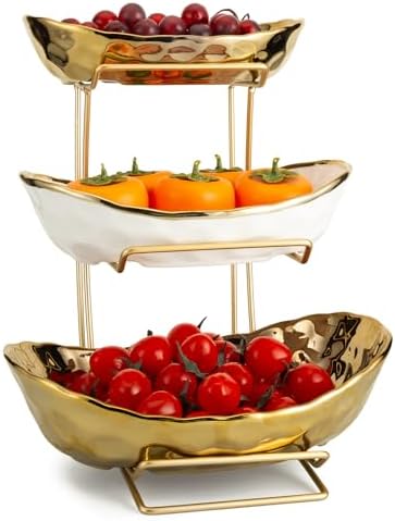 3-Tier Gold Fruit Bowl & Tray with Metal Stand - Ceramic White, Triple Layer for Snacks, Nuts, Bread & Candy Storage