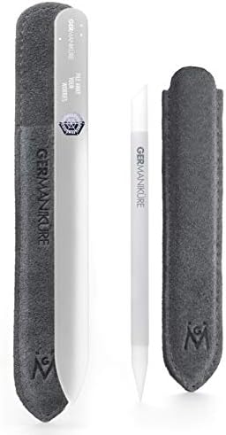 GERMANIKURE 2 Pc Glass Bundle - Crystal Glass Cuticle Stick & File Away Your Worries Nail File in Suede Sleeves – Handmade in Czech Republic – Pro Manicure Supplies – Cuticle Pusher, Callous Remover