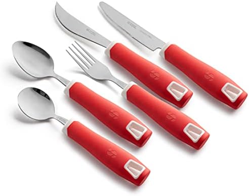 Special Supplies Adaptive Utensils 5-Piece Set Non-Weighted, Non-Slip Handles for Hand Tremors, Arthritis, Parkinson’s or Elderly Use - Stainless Steel Knife, Rocker Knife, Fork, Spoons - Red
