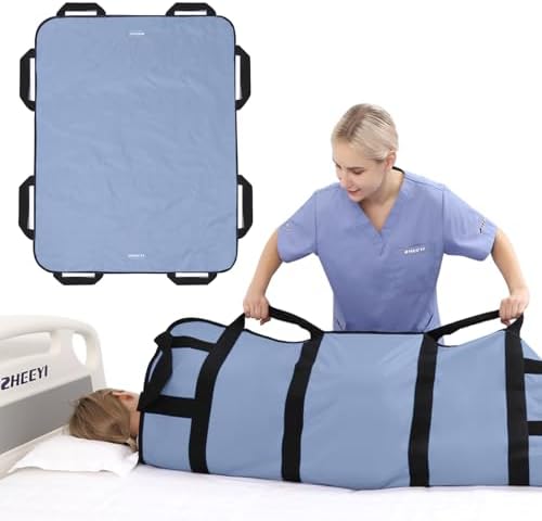 Multipurpose 48" x 40" Positioning Bed Pad with Reinforced Handles - Reusable & Washable Transfer Sheet for Turning, Lifting & Repositioning - Double-Sided Nylon Fabric, Blue Gray
