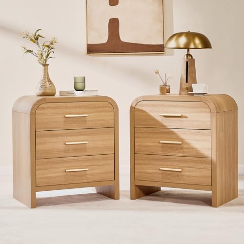 Farmhouse Nightstand Set of 2, 23.5" Curved Modern Night Stand with 3-Drawer, Bedside Table, End Table for Bedroom, Storage Cabinet for Living Room Home Office Entryway, Oak
