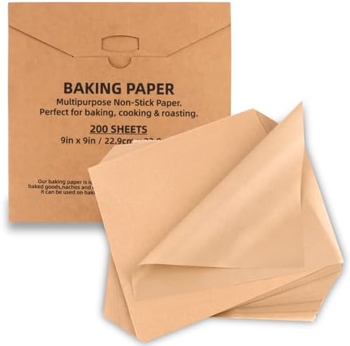200 Pcs Parchment Paper Baking Sheets, 9"x9" Precut Non-Stick Baking Parchment Paper Sheets Bun Sheet Pan Liners.Baking Grilling Air Fryer Steaming Bread Cup Cake Cookie (Brown-9"x9")