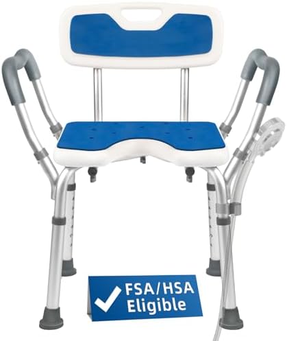 FSA/HSA Eligible Extra Wide Shower Chair with M-Shaped & Padded Armrests, Shower Chair with Arms and Back Heavy Duty 500lbs, Bariatric Shower Chair with Cutout Seat &Cold-Proof Pads,Tools-Free