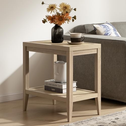 SICOTAS Rattan Nightstand Bedside Table - Farmhouse Boho Narrow Accent End Table with 2 Open Rattan Shelves for Bedroom, Living Room, Small Spaces - Light Oak