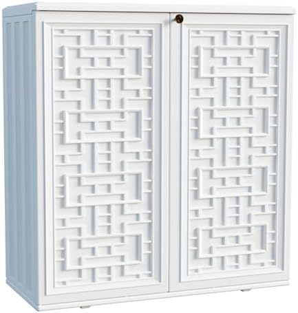Indoor Outdoor Storage Cabinet Waterproof with Shelf, Off White Plastic Outdoor Cabinets for Patio/Garden/Backyard, Size 34.3''L*15''W*36.2''H