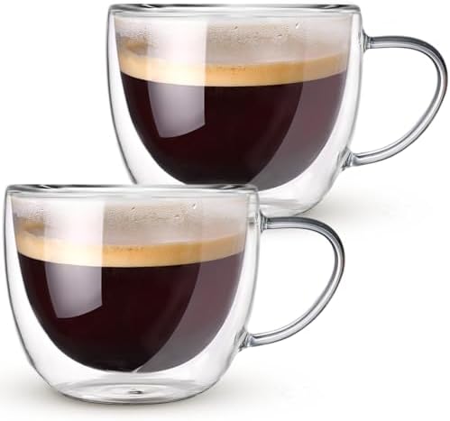 Double Walled Glass Coffee Mugs Set of 2, 8 oz Hand Blown Insulated mugs with Handle, Clear Coffee Mugs for Cappuccino, Latte, Americano, Tea Bag, Beverage Glasses Heat Resistant Coffee Cups