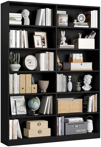 FACBOTALL Bookshelf and Bookcase, 6-Tier Double Wide Bookshelves, Freestanding Display Storage Shelves, Tall Bookcases for Home Decor Bedroom, Living Room, Home Office,Black