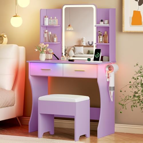 Vanity Desk with LED Lights Mirror & Power Outlet, Small Makeup Vanity Table Set with Storage Drawers & Chair, 3 Lighting Modes & Adjustable Brightness, Dressing Table for Women Girls Bedroom, Purple