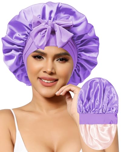 Satin Bonnet for Women Silk Bonnets for Sleeping Curly Hair Bonnet with Elastic Tie Band Reversible Double Layer Sleep Cap Hair Wrap (Pink + Purple)