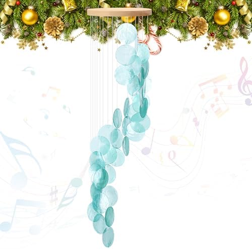 Wenqik Sea Glass Shell Wind Chimes for Outside Seaglass Capiz Windchime Spiral Wind Chimes for Women Christmas Holiday Summer Beach Gift Indoor Outdoor Home Housewarming Garden Decor(Blue)