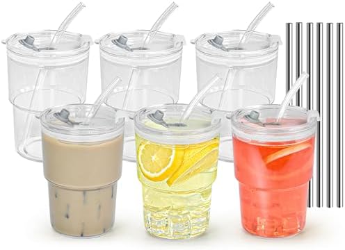 15 oz Plastic Iced Coffee Cups with Lids and Straws Set of 6, Unbreakable Drinking Glasses Reusable Iced Coffee Glass to Go Cup for Matcha Tea Smoothie Juice Cup Dishwasher Safe