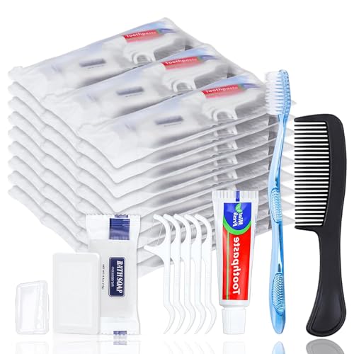 100 Sets Personal Hygiene Kit Basic Toiletry Kits Homeless Supplies Bulk for Women,Men,Travel,Charity,Business Include 100 Toothbrush,100 Toothpaste,100 Comb,100 Bath Soap,500 Floss Pick