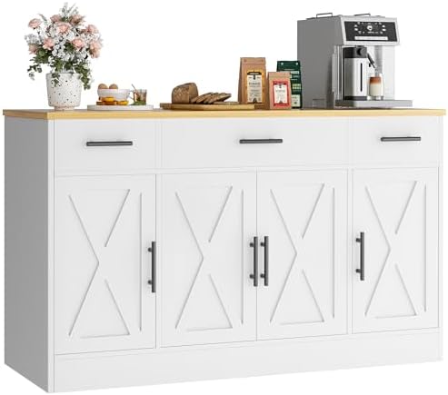 Vongrasig Buffet Cabinet with Drawers, 53” Large Sideboard Buffet Kitchen Storage Cabinet, Modern Farmhouse Coffee Bar with Shelves and Doors, Wood Buffet Table for Kitchen, Dining Room, White