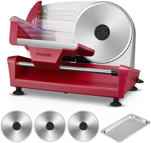 FOHERE 250W Meat Slicer Machine for Home, Electric Food Slicer with Stainless Steel Tray & Three 7.5" Stainless Steel Blade, 0-15mm Precise Thickness Deli Meat Slicer for Bread Fruit Vegetable (Red)
