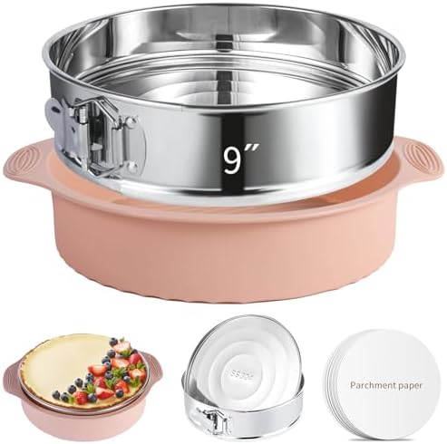 9 Inch Springform Pan - Nonstick Leakproof 304 Stainless Steel Springform Cake Pan with Removable Bottom, Silicone Cheesecake Pan Protector with Parchment Paper