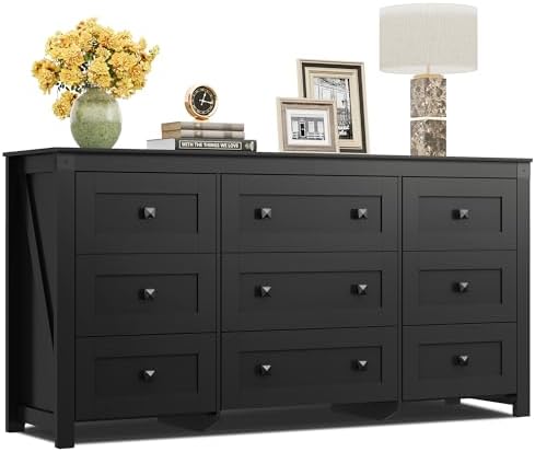 WLIVE Farmhouse Dresser for Bedroom, 63" Wide 9 Drawer Dresser Storage Organizer, Wood Chest of Drawers for Bedroom, TV Stand for 70 inch TV, for Living Room, Hallway, Ball Bearing Slide (Black)