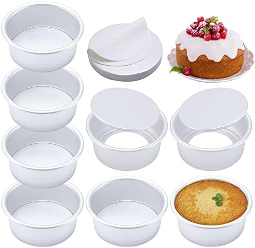 4 Inch Round Cake Pan Set of 8, Nonstick Aluminum Baking Pans with 100 Sheets Parchment Paper, Easy Pop Out Removable Bottom Cake Pans for Mini Cheesecakes, Dessert, Pizzas and Quiches