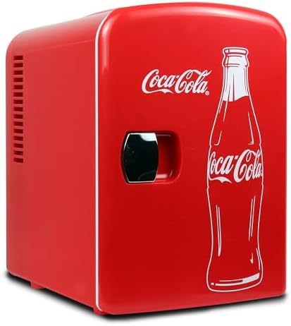 Coca-Cola Classic Coke Bottle 4L Mini Fridge w/ 12V DC and 110V AC Cords, 6 Can Portable Cooler, Personal Travel Refrigerator for Snacks Lunch Drinks Cosmetics, Desk Home Office Dorm, Red