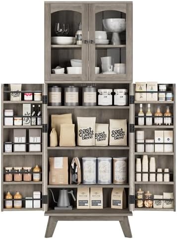QUW 63.4" Kitchen Pantry Storage Cabinet, Tall Pantry with Glass Doors and Adjustable Shelves, Modern Freestanding Floor Cabinet Cupboard for Kitchen, Living Room, Dining Room, Grey