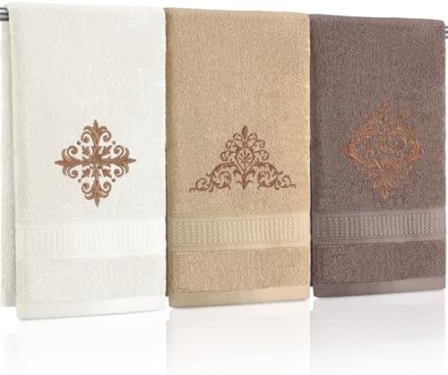 3 Pcs Fancy Brown Hand Towels Decorative Bathroom Towels 13.3 x 29.5'' Vintage Damascus Embroidered 100% Cotton Soft Absorbent for Bathroom Kitchen Decor