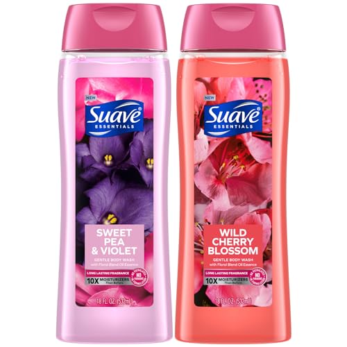 Suave Body Wash Variety 2-Pack, Sweet Pea & Violet + Wild Cherry Blossom – Gentle Body Washes with Floral Blend Oil Essence, 18 Oz Ea