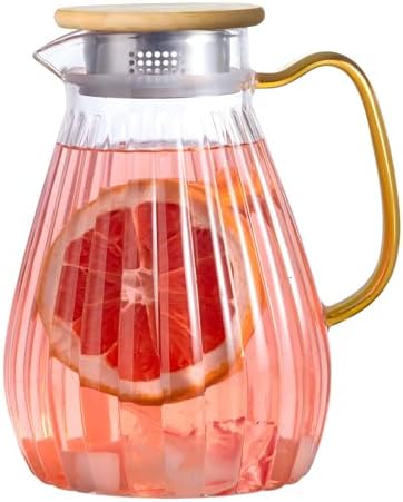 60 oz 1.8 L Glass Water Pitcher with Handle and Lid,Hand Blown Glass Pitcher for Coffee, Tea,Juice, Lemonade, and Hot/Cold Beverages, Heat Resistant