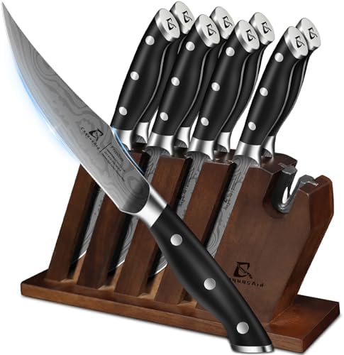 Steak Knives Set of 8 with Block Built-in Sharpener, 4.8 Inch Non Serrated Razor-Sharp Durable Dinner Knives, German Stainless Steel Damascus Pattern Full Tang Forged, Easy to Maintain