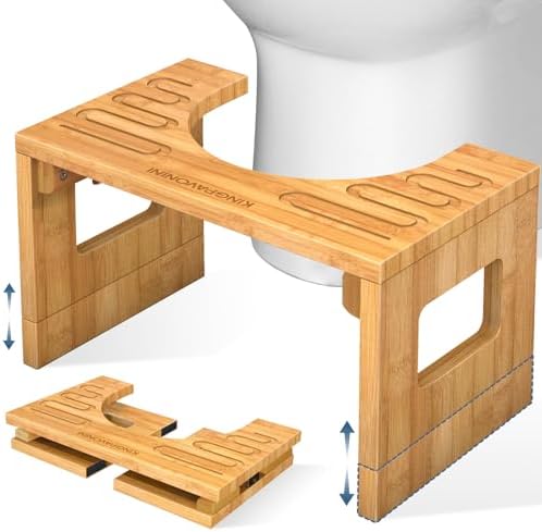 KingPavonini Bamboo Toilet Stool Squat 7in & 9in Adjustable Heights, Foldable Potty Stool for Adults with Non-Slip Layer to Improve Bathroom Posture and Comfort, 400 lbs Capacity
