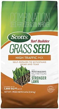 Scotts Turf Builder Grass Seed High Traffic Mix with Fertilizer and Soil Improver, Self-Repairs, 5.6 lbs.
