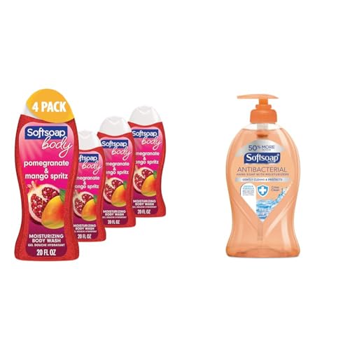 Softsoap Body Wash, Pomegranate & Mango Spritz Body Wash, 20 Fl Oz (Pack of 4) & Antibacterial Liquid Hand Soap, Crisp Clean Scent Hand Soap, 11.25 Ounce, 6 Pack